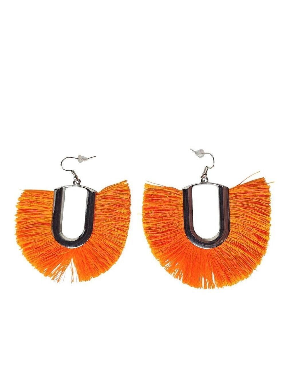 Orange Fringe Fan Earrings Boho Statement Dangle